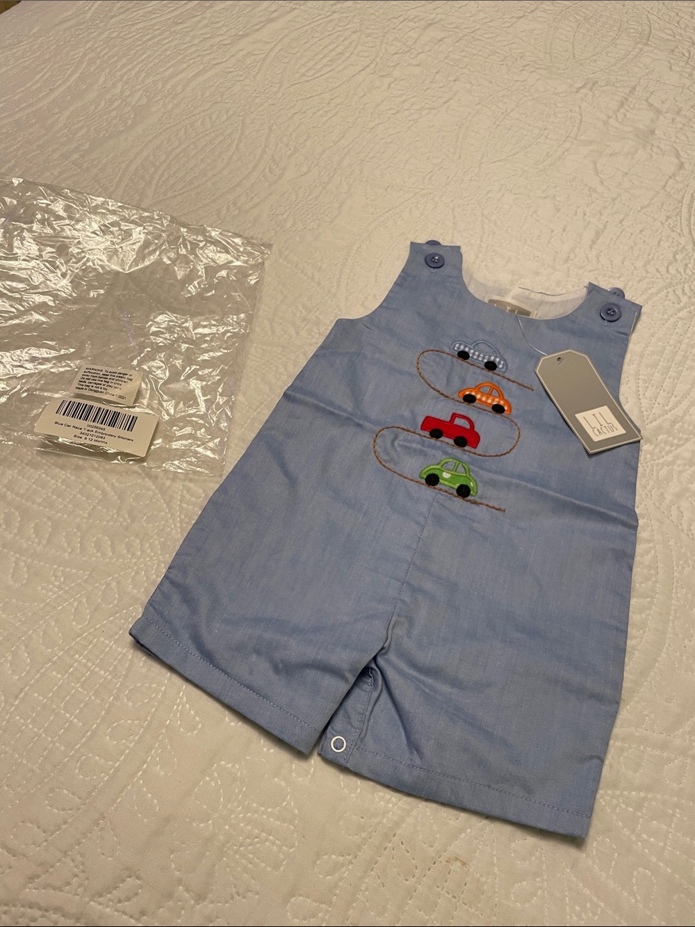 NWT LIL CACTUS Blue Shortalls Blue with Embroidery Car Race Track 6-12 Months
